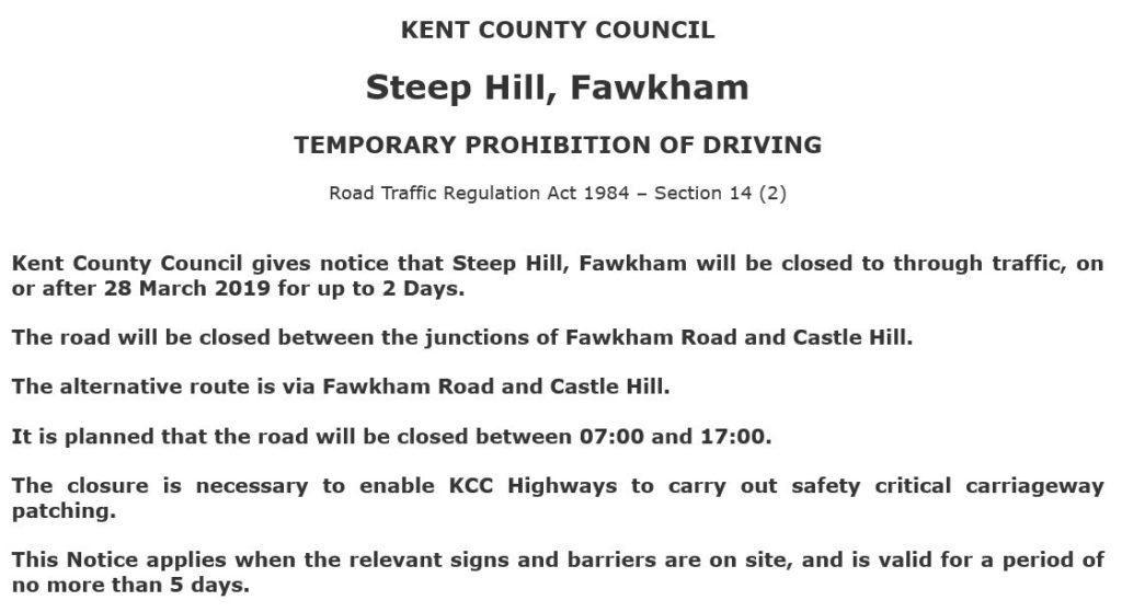KCC Road Closure Steephill New Ash Green